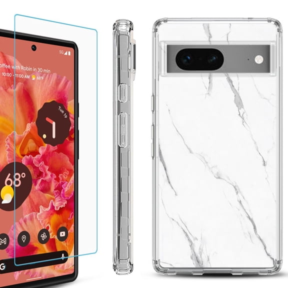 OneToughShield ® for Google Pixel 7a Shockproof Bumper Phone Case, with Tempered Glass Screen Protector - Marble / White