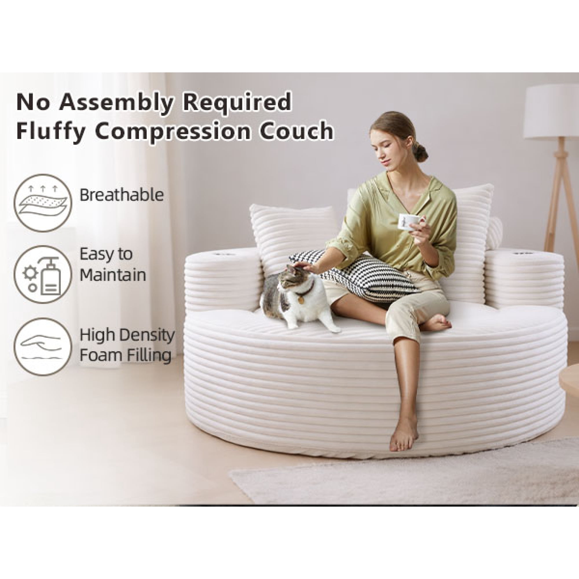 Leumius Oversized Round Chaise Lounge Sofa,Upholstered Lounge Chair with 2 Pillows and Cupholders,Boneless Sofa Couch with Memory Foam,Deep Seat Sleeper Chair for Living Room,No Assembly,White