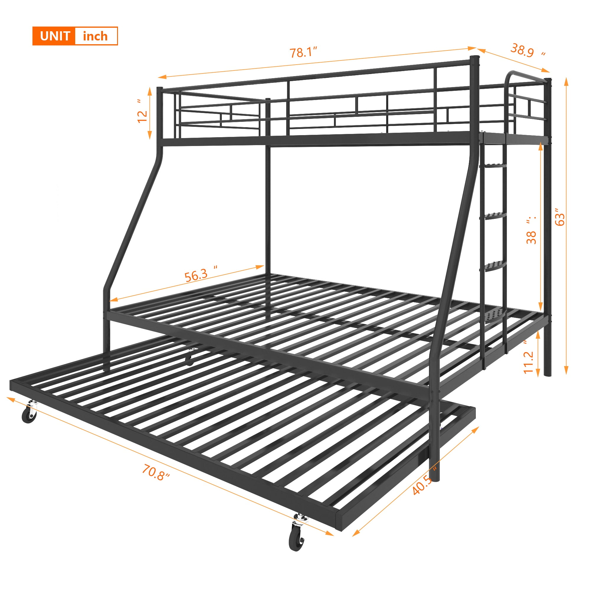 Triple Bunk Bed Twin over Full with Trundle Metal Bunk Bed for Kids,Adults,Heavy Duty Bunk Bed with Full-Length Guardrail,Comfortable Step,Easy to Assemble,for 3