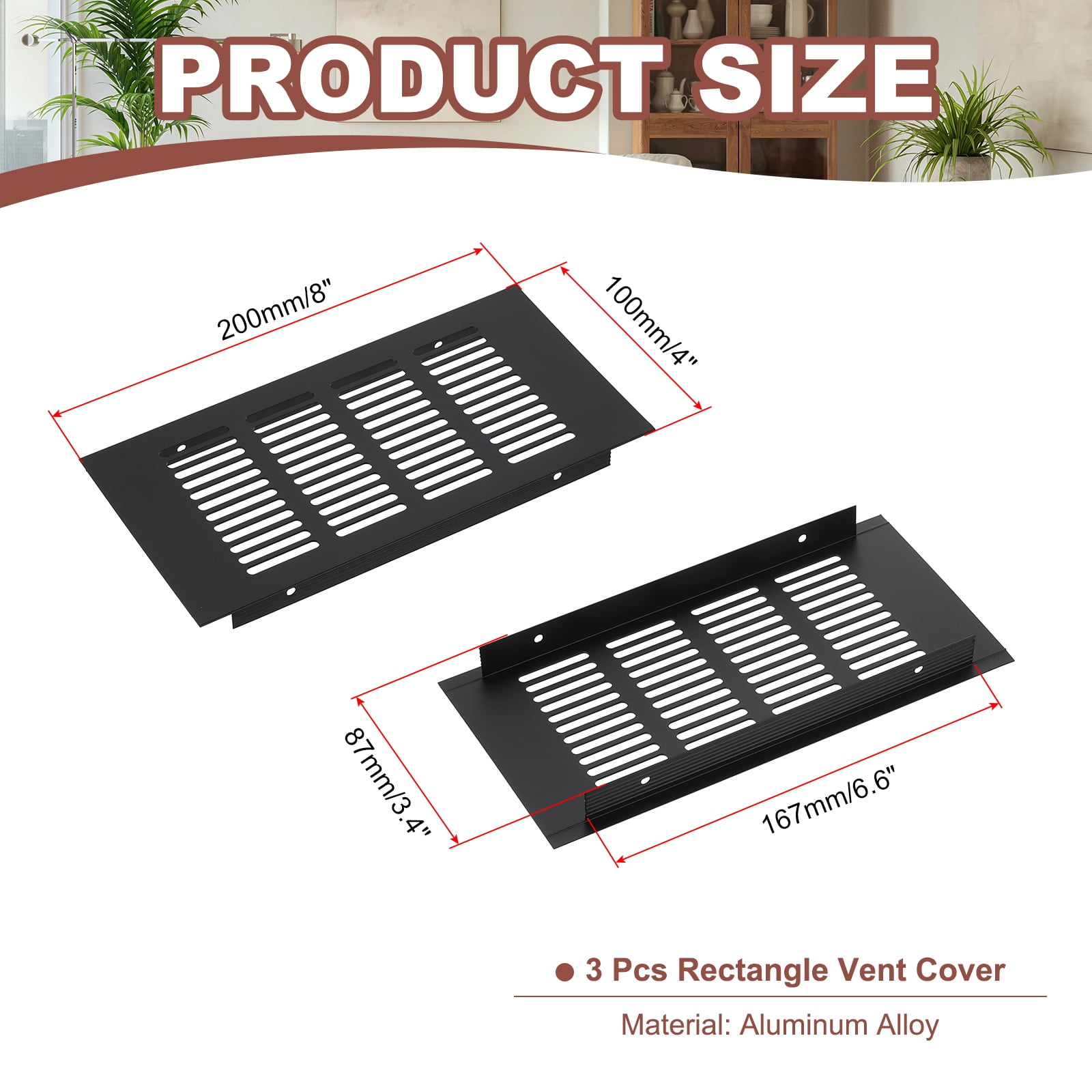 Uxcell 8 x 4" Rectangle Ventilation Grille 3Pcs Aluminum Air Vent Cover Black