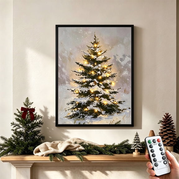 Christmas Decorations-16“ x 12" Lighted Framed Snowy Tree Canvas Wall Decor, Indoor Rustic Pictures,Traditional Xmas Wall Art Gifts,