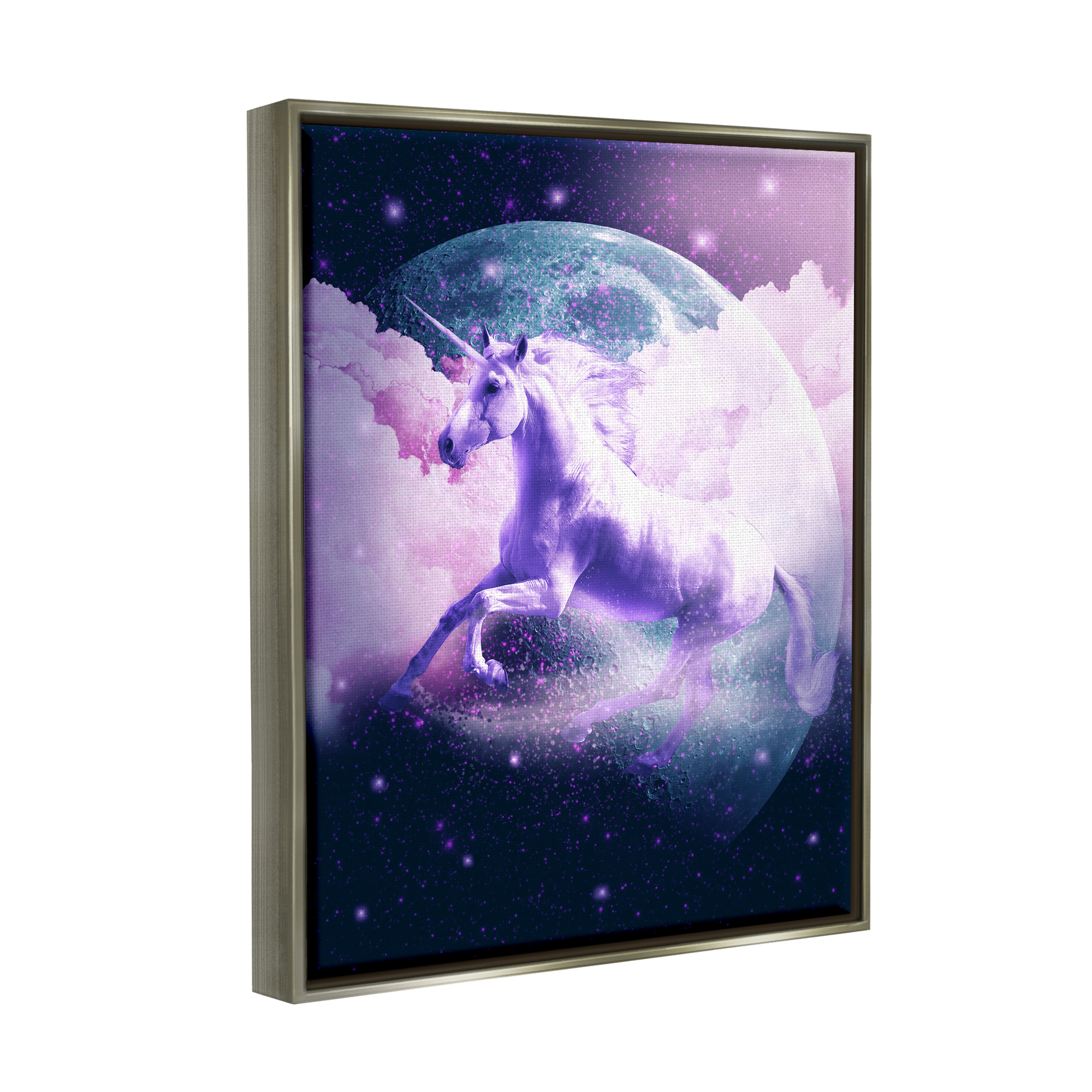 Stupell Industries Unicorn in Outer Space Fairy Tales & Fantasy Painting Gray Floater Framed Canvas Art Print Wall Art, 17 x 21
