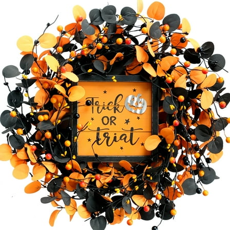 Halloween Wreath for Front Door, 18” Artificial eucalyptus leaves and berries Wreaths  for Inside and Outside , Halloween and Fall decor