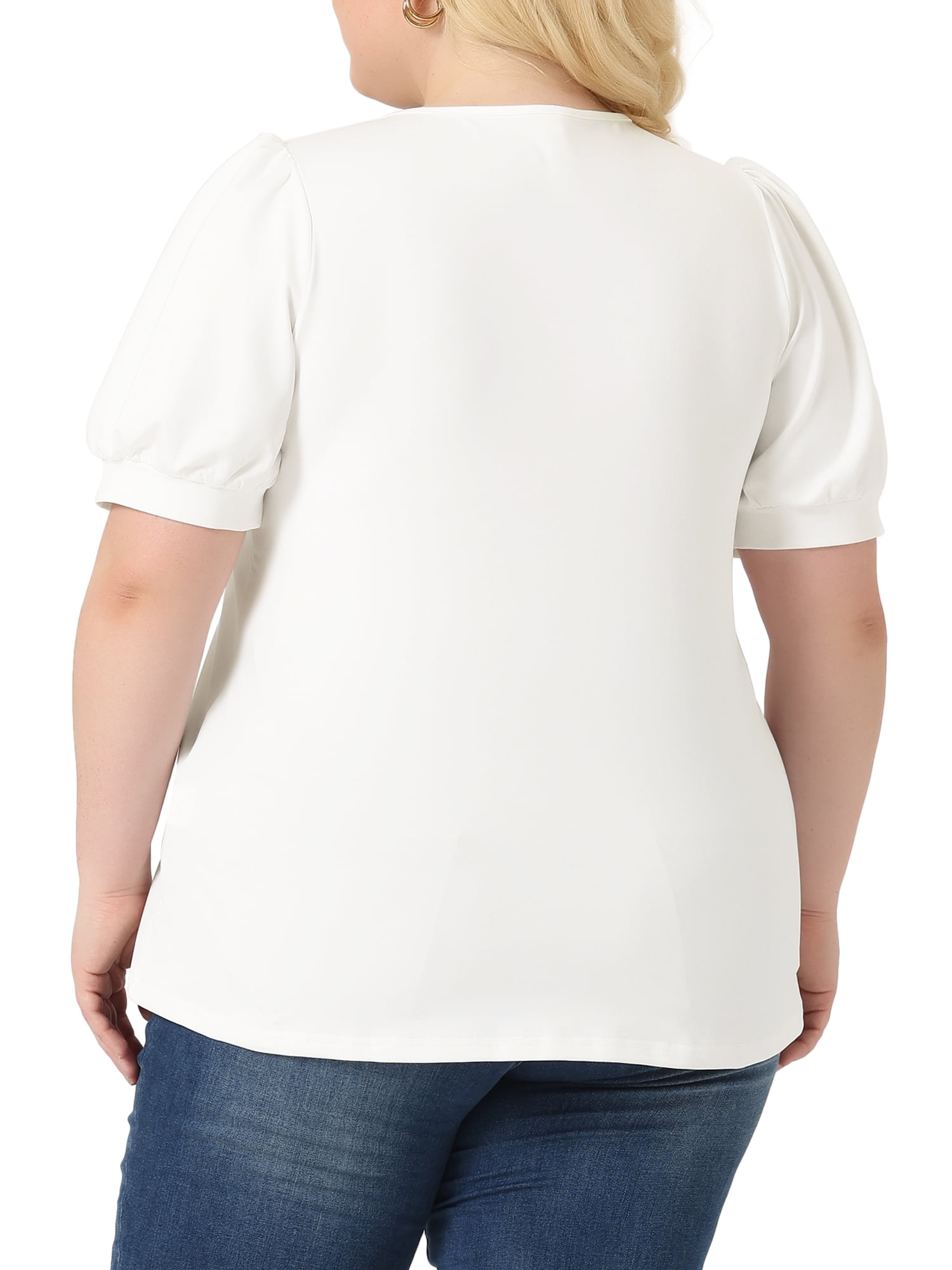 Women's Plus Top Puff Short Sleeve Tops Crew Neck Pleated Shirts Tunic Blouses 1X White