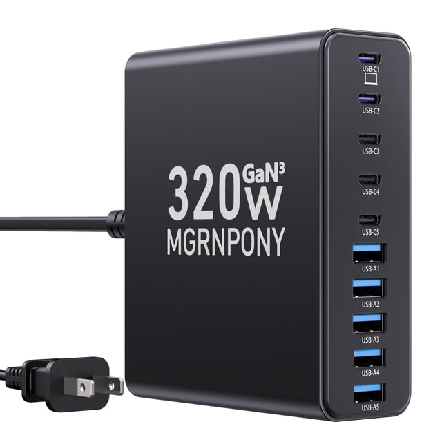 Estación de carga MGRNPONY USB C de 320 W con 10 puertos para MacBook, color negro
