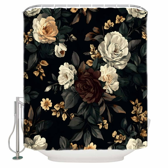 Extra Long Shower Curtain 72x84 Inch, Vintage Black Floral Shower Curtain Waterproof Bathroom Decor Spring Seasonal Botanical Blooms Fabric Bath Curtain Set Accessories with Hooks