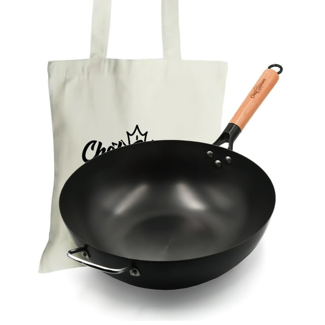 ChefSeason Flat Bottom Carbon Steel Wok 13.4“, Large woks & stirfry