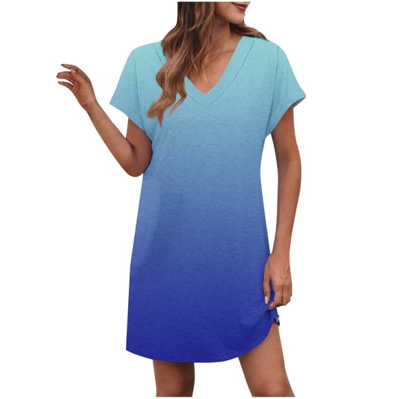 Crunowin V-neck Dress for Women Causal Gradient Color Short Sleeve Summer T-shirt Dress Blue Size L