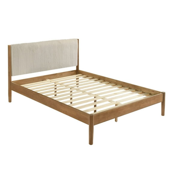 Roundhill Furniture Vichy Queen Platform Bed with Corduroy Upholstery, Light Walnut Rubberwood Frame