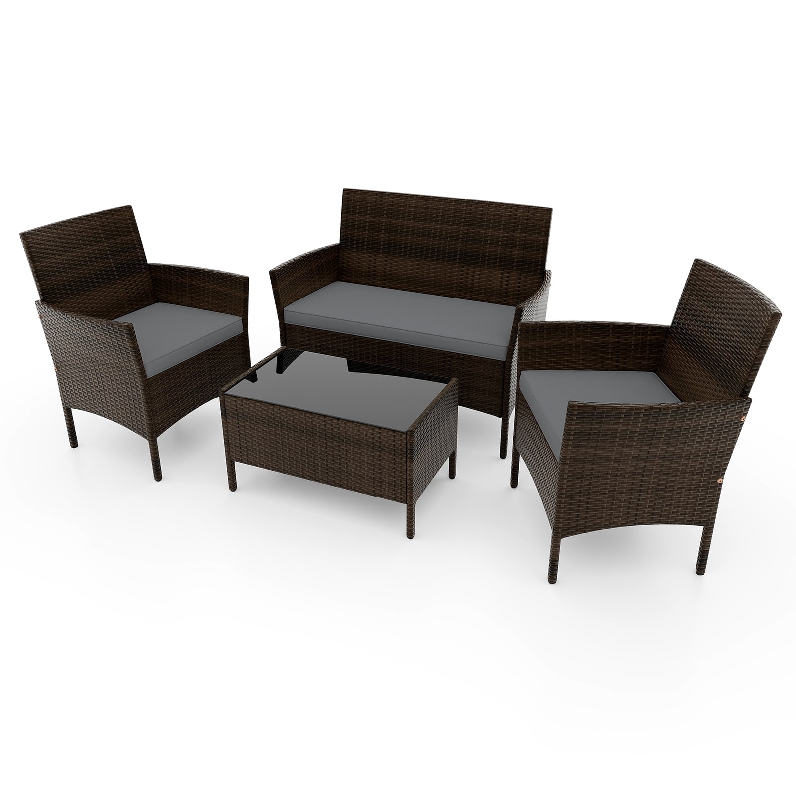 Gymax 4PCS Patio Rattan Conversation Furniture Set Outdoor w/ Gray Cushion