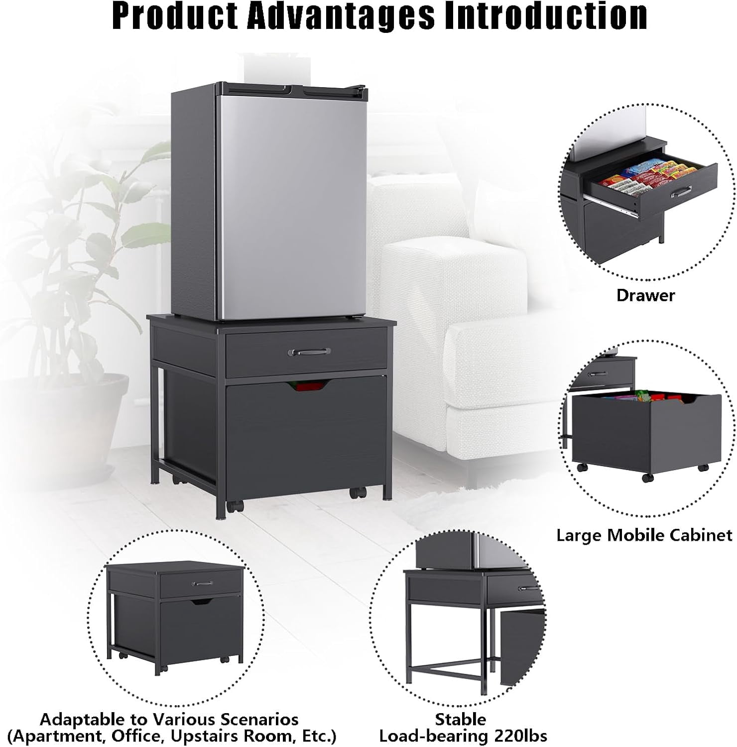 Mini Fridge Stand with Storage, Heavy Duty Mini Fridge Table with Rolling Cabinet 220LBS Capacity Tabletop for Dorm, Apartment,Office, Bedroom