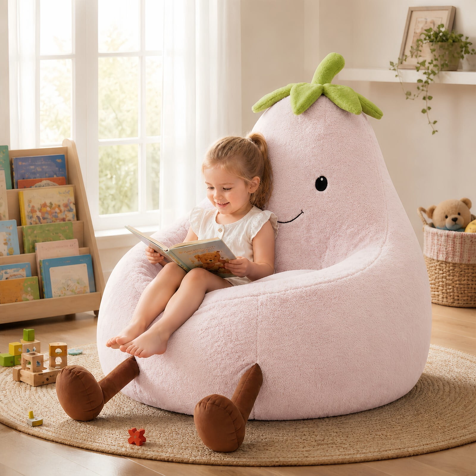 Kelno 24" Kids Bean Bag Chair Faux Rabbit Fur Lazy Chair Toddler Couch, Pink