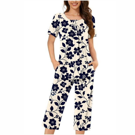 Jamicy Womens Loungewear Printed Button Pleated Round Neck Short Sleeve Top   Cropped Trousers with Pockets Home Sports Woemn's Pajamas Set Navy
