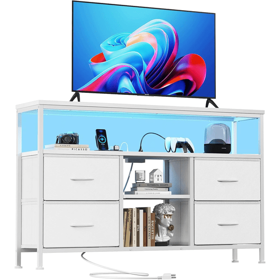 White TV Stand Dresser with LED Lights, 4 Drawer Entertainment Center with Power Outlets