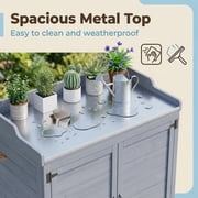 Lofka Outdoor Wooden Storage Cabinet with Potting Bench, Gray, Weatherproof Garden Work Station, Patio Tool Shed for Backyard