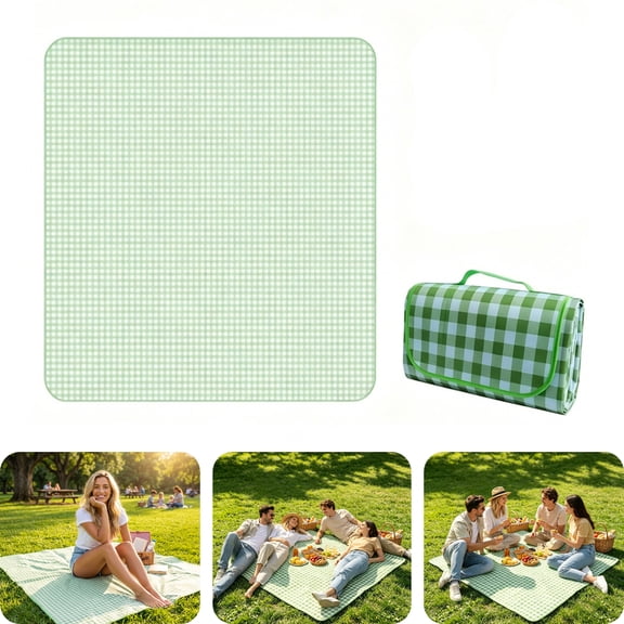 Extra Large Picnic Blanket 59x79 Outdoor Picnic Mat, Waterproof Moisture Proof Camping Blanket, Foldable Gingham Beach Mat for Family Lawn Park, Green