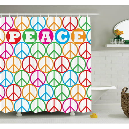 1960S Decor Shower Curtain Set, Colorful Internationally Recognized Peace Symbol Sign With The Letters Counter Culture Print, Bathroom Accessories, 69W X 70L Inches, By Ambesonne