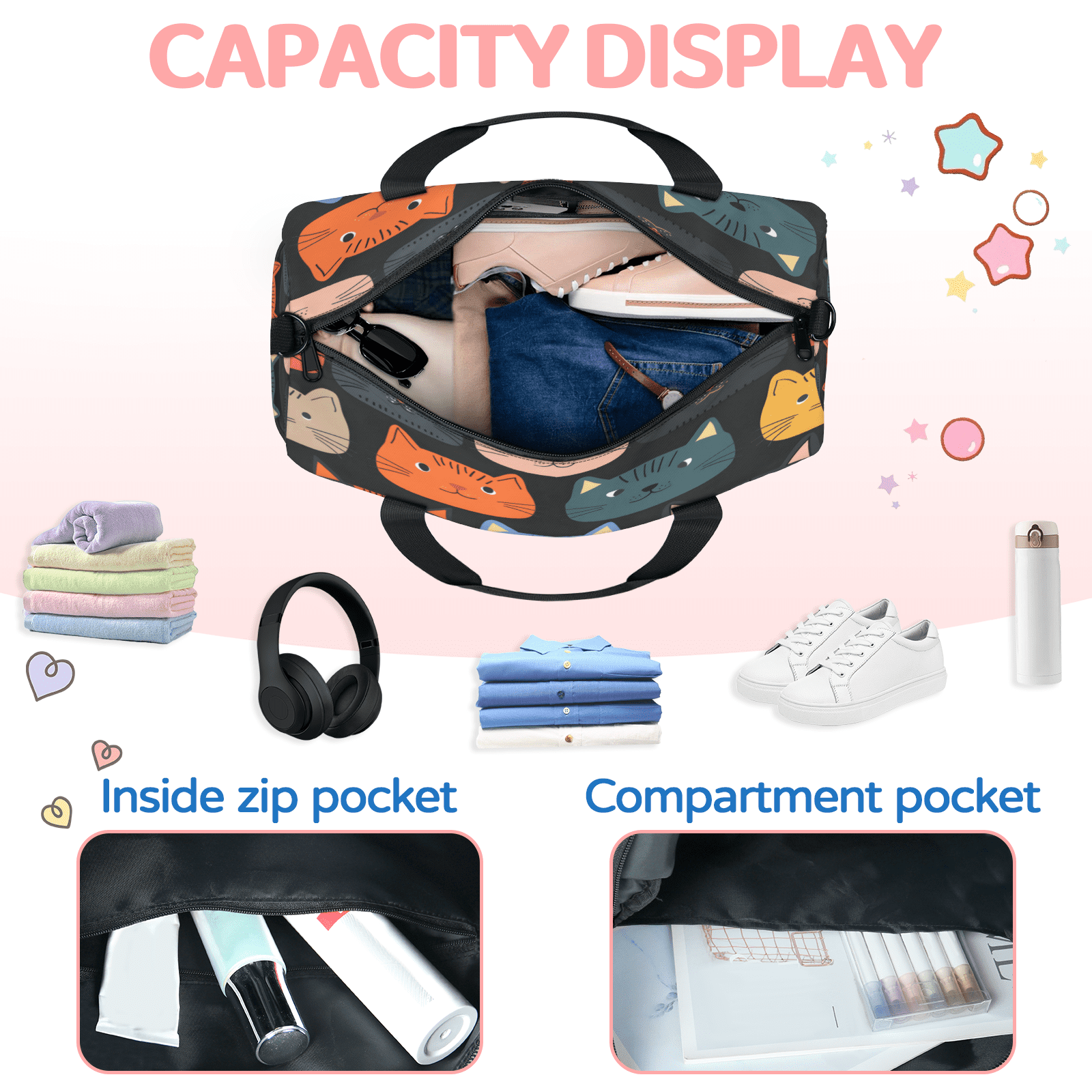 Herdesigns Cute Cartoon Cat Gym Bag for Women, Duffle Bag for Travel Sport, Lightweight Waterproof Carry on Weekender Overnight Dance Yoga Workout Bags