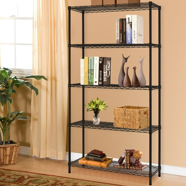 Storage Metal Shelf 5 Tier Wire Shelving Unit Standing Shelf Units Heavy Duty Garage Shelving with Feet Levelers 1250Lbs Capacity Adjustable Commercial Shelving Kitchen Rack, Black