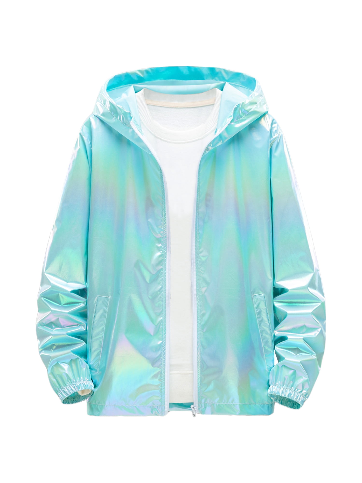 INSPIRE CHIC Men's Jacket Metallic Zip up Hooded Lightweight Holographic Shiny Jackets M Mint Blue