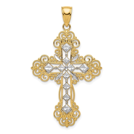 FB Jewels 14K Yellow Gold & Rhodium Polished & Textured Diamond Pattern Cross Pendant