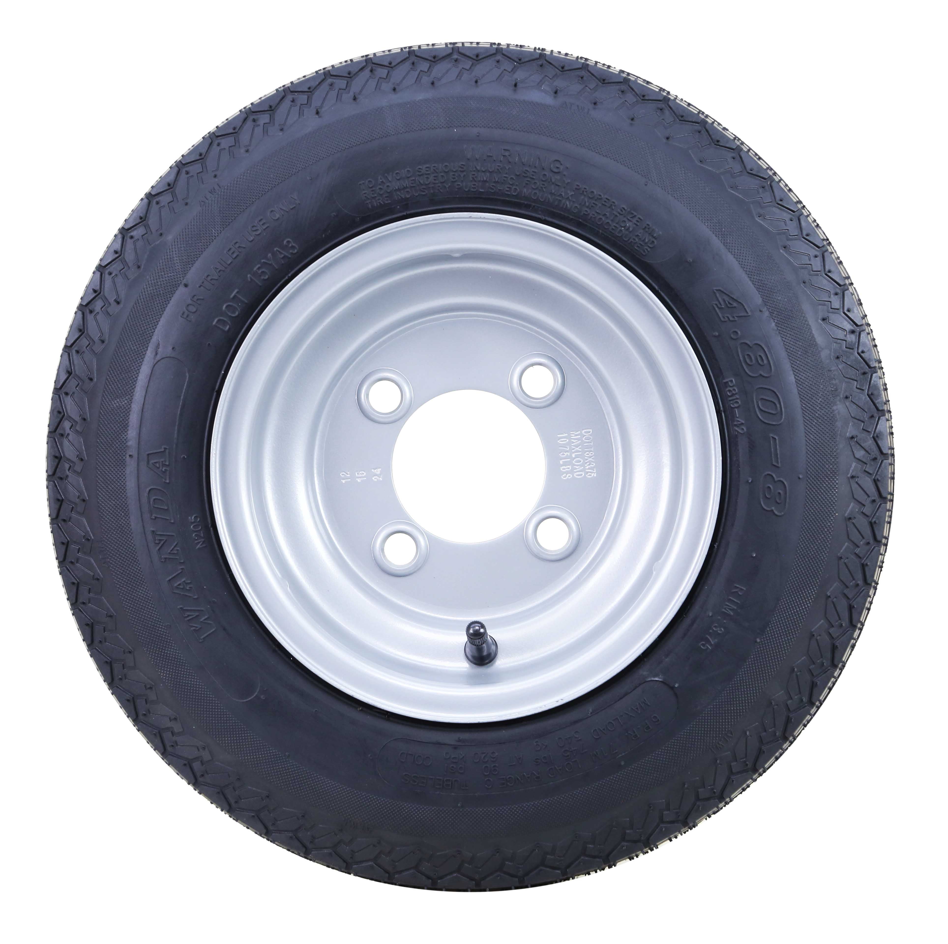 Wanda Wheel Assembly 4.80-8 6-Ply C 70M with 4 Lugs on 4" PCD Silver Rim Trailer Tire, Set of 2