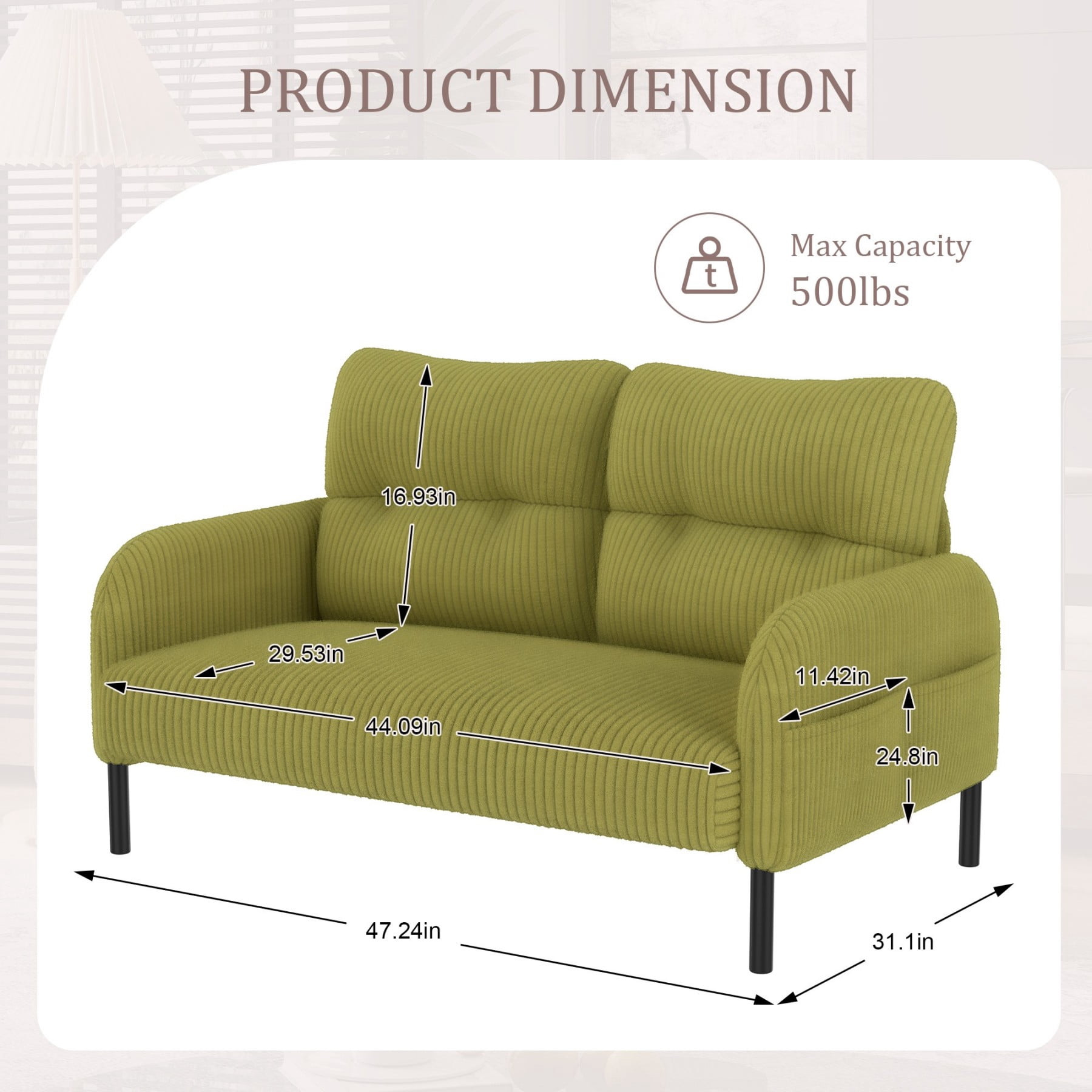 Corduroy Loveseat Sofa, Modern Upholstered Double Sofa Couch with Side Pockets for Living Room Bedroom Apartment, Olive Green
