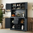 thumbnail image 2 of 74" Coffee Bar Cabinet, Farmhouse Large Kitchen Hutch with Wine Racks and Microwave Stand, Tall Pantry Buffet Cabinet with Barn Doors & Shelves & Drawers for Home, Dark Blue, 2 of 7