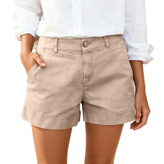 Glisme Women Shorts Solid Color Zip Front with Pockets Summer Casual Shorts for Women Size L Beige