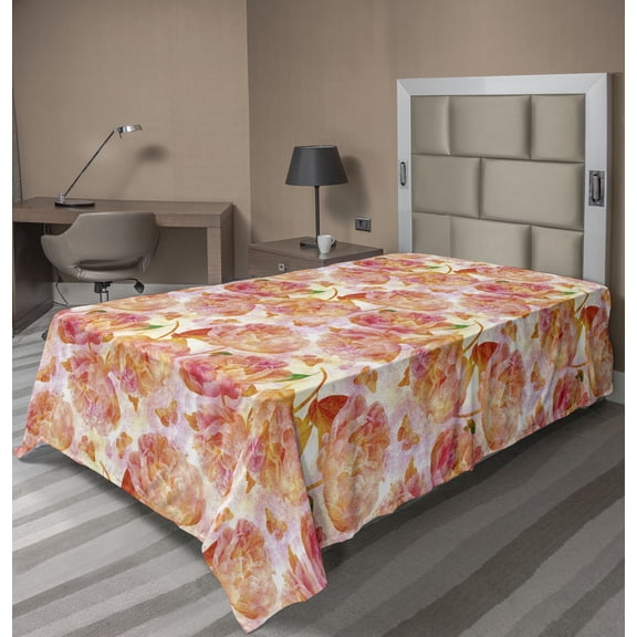 Ambesonne Floral Flat Bedding Sheet Soft Top Sheet, Watercolor Peonies Vintage, Twin, Salmon and Fern Green
