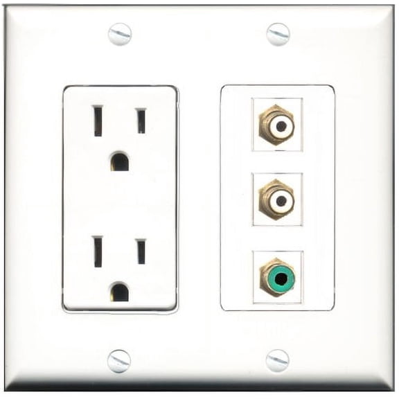 RiteAV - 15 Amp Power Outlet 2 Port RCA White 1 Port RCA Green Decorative Wall Plate
