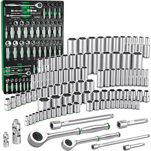 SK 1/4" & 3/8" Drive Socket Set with 160-P Ratchet, 105-Piece, SAE & Metric, SuperKrome Finish, Preminum CR-V Construction, with EVA Foam Tool Organizer