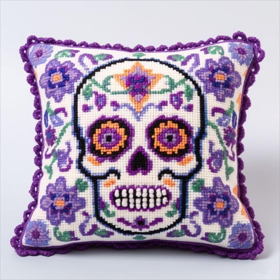Purple Skull Latch Hook Pillow Kits Cover for DIY Cushion Cross Stitch Latch Hook Pillowcase Rug Kits with Preprinted Canvas Crochet Yarn Kits Needlework Crafts 17'' X 17''(96)