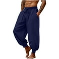 thumbnail image 3 of WAENQINLA Big and Tall Mens Harem Pants Casual Elastic Waist Drawstring Baggy Trousers Cotton Linen Boho Beach Pants Loose Lightweight Yoga Pant Navy Pant for Men L, 3 of 10