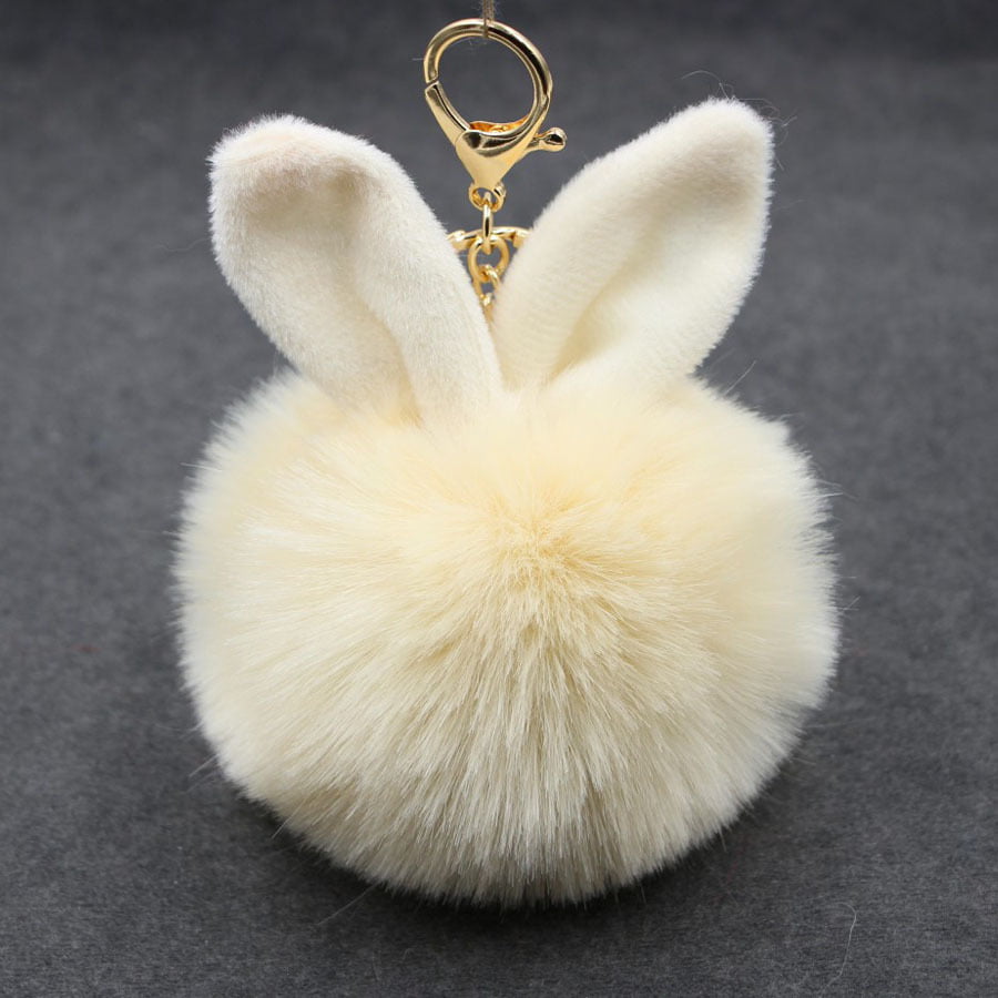 1pc 9CM Faux Rabbit Fur Pom pom Keychain for Women White
