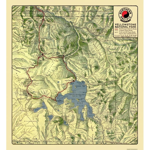Railroad Map - Yellowstone National Park - Northern Pacific 1910 - 23 x 25 - Vintage Wall Art