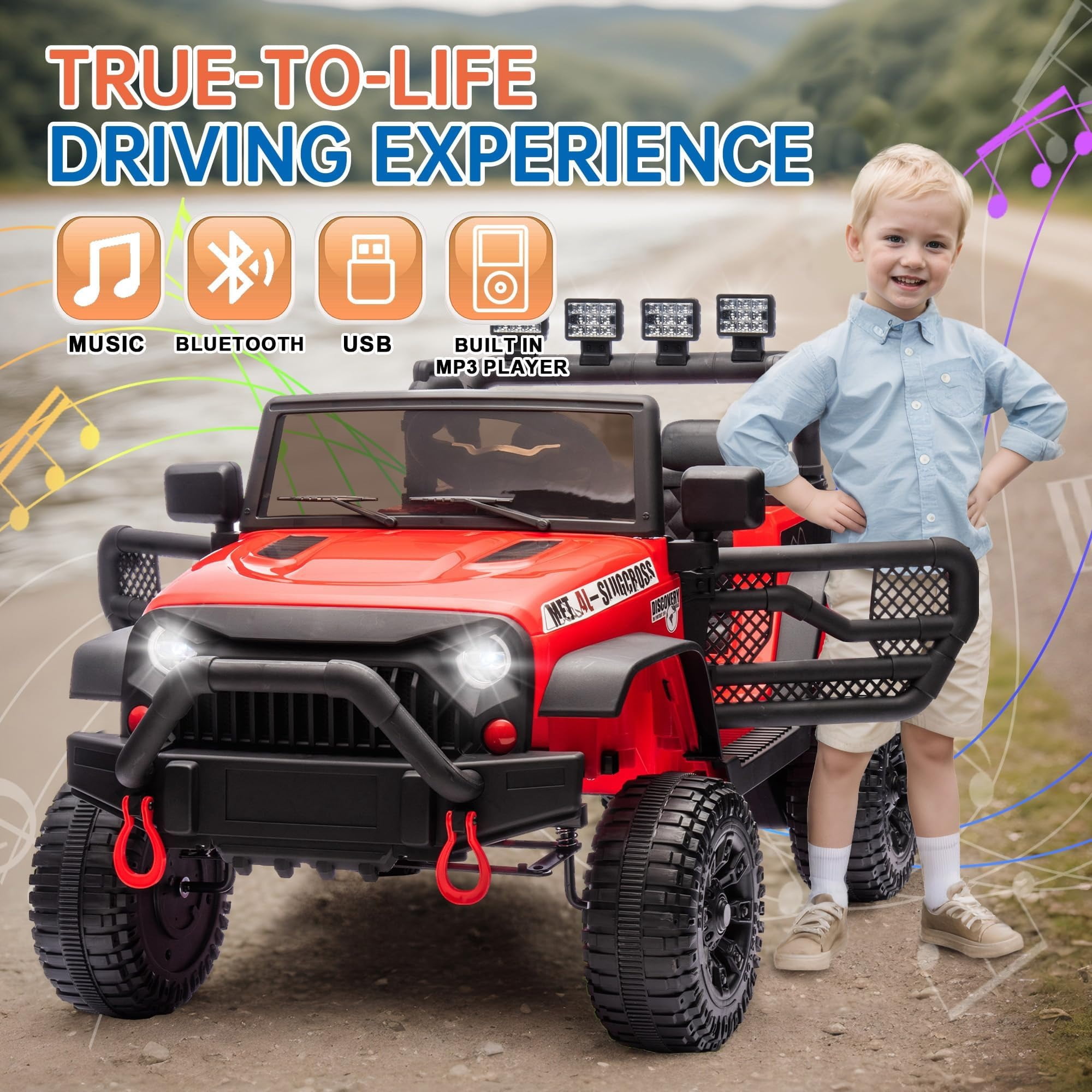 DYNALUNE  24V Kids Ride on Jeep, 400W Battery Powered Car with 4-Wheel Suspension & Music