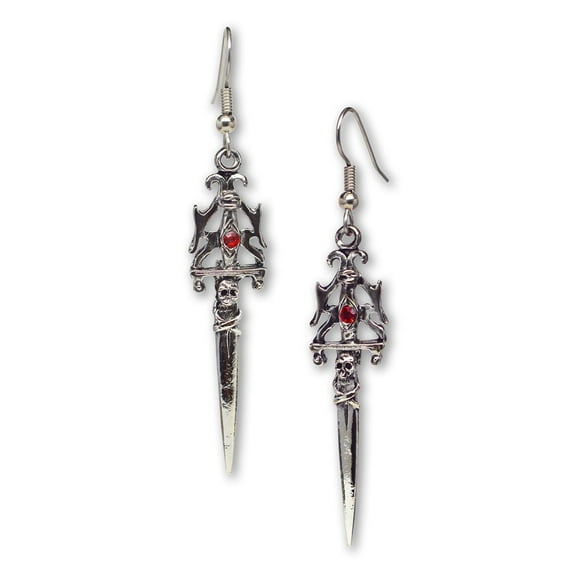 Gothic Skull Dagger Medieval Renaissance Dangle Earrings with Red Austrian Crystals Real Metal #971