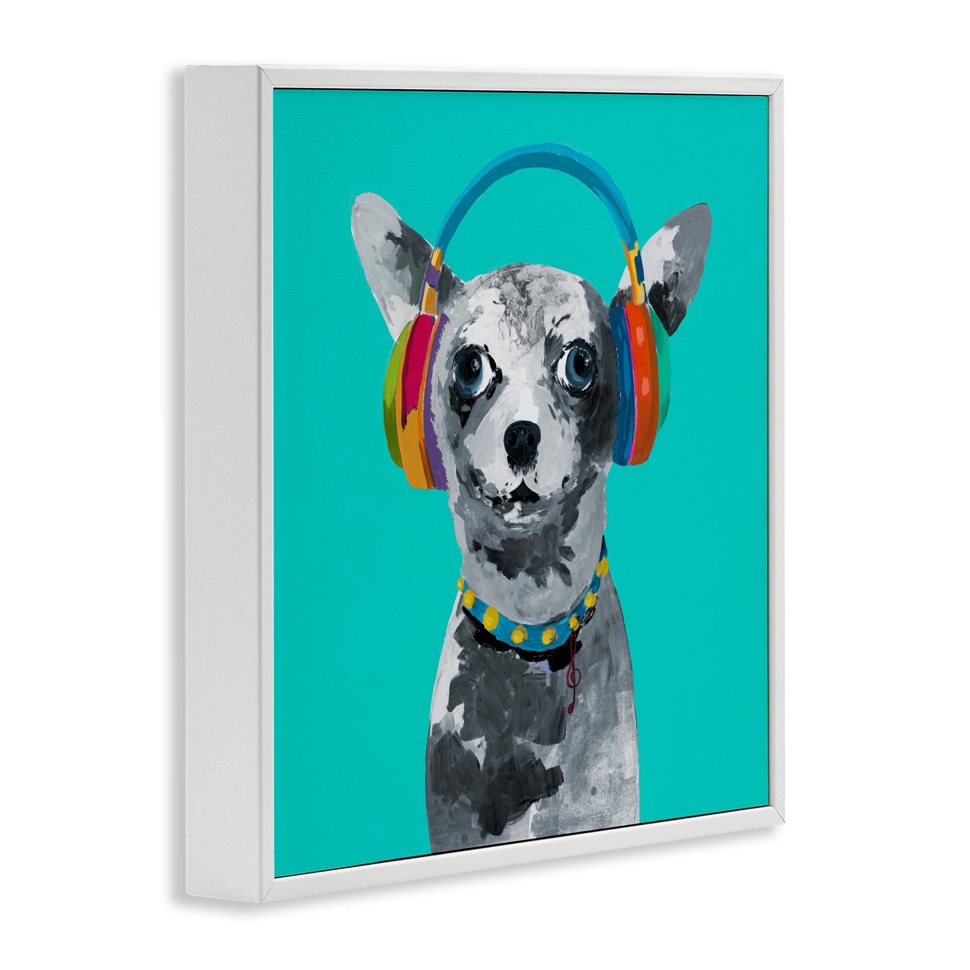 Stupell Industries Jammin' Pup on Blue White Framed Giclee Art, design by Lorenzo Collective