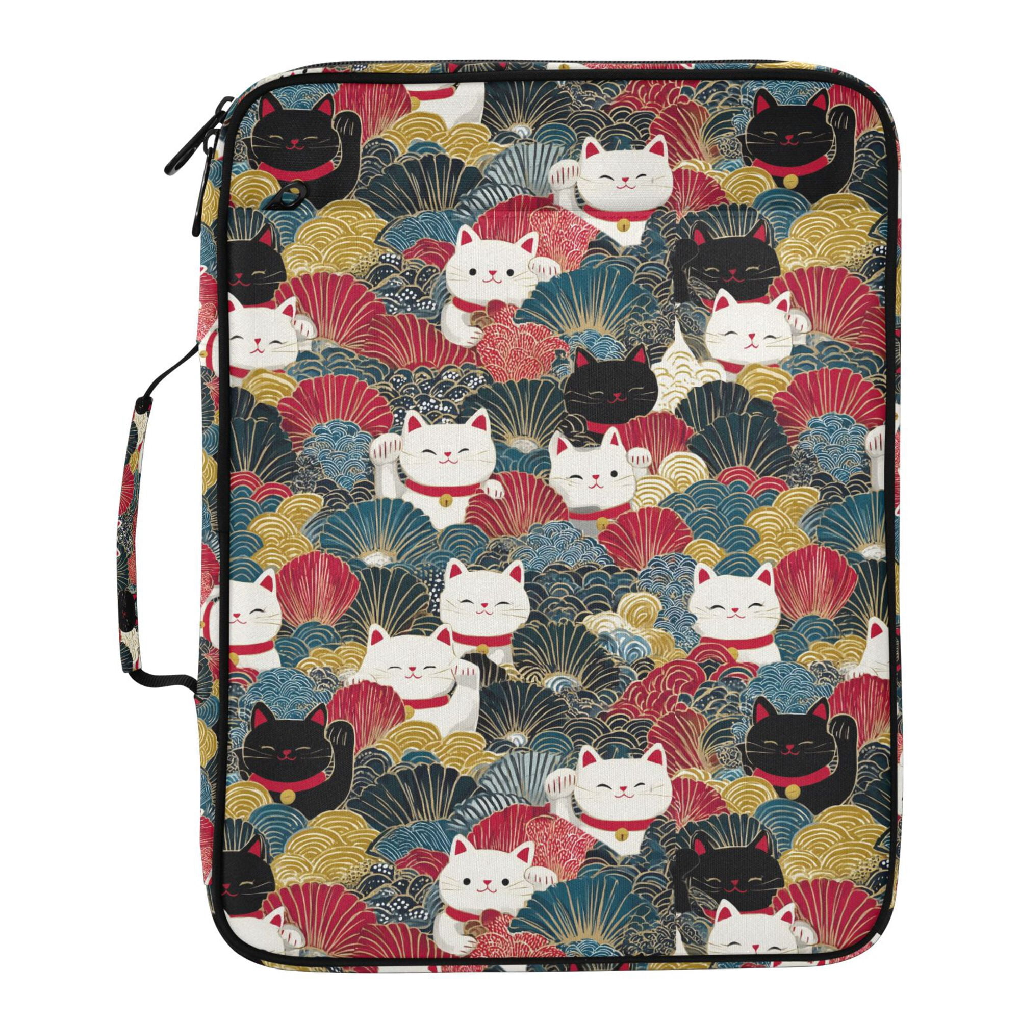 FORMRS Accordion File Folder A4 Size 7-Pocket Expanding Document Organizer Bag with 3 Ring Binder, Black Lucky Cat