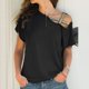 thumbnail image 3 of Top negro con hombros descubiertos para mujer, corte holgado, mangas cortas, camiseta informal de color liso, elegante para verano, 3 of 6