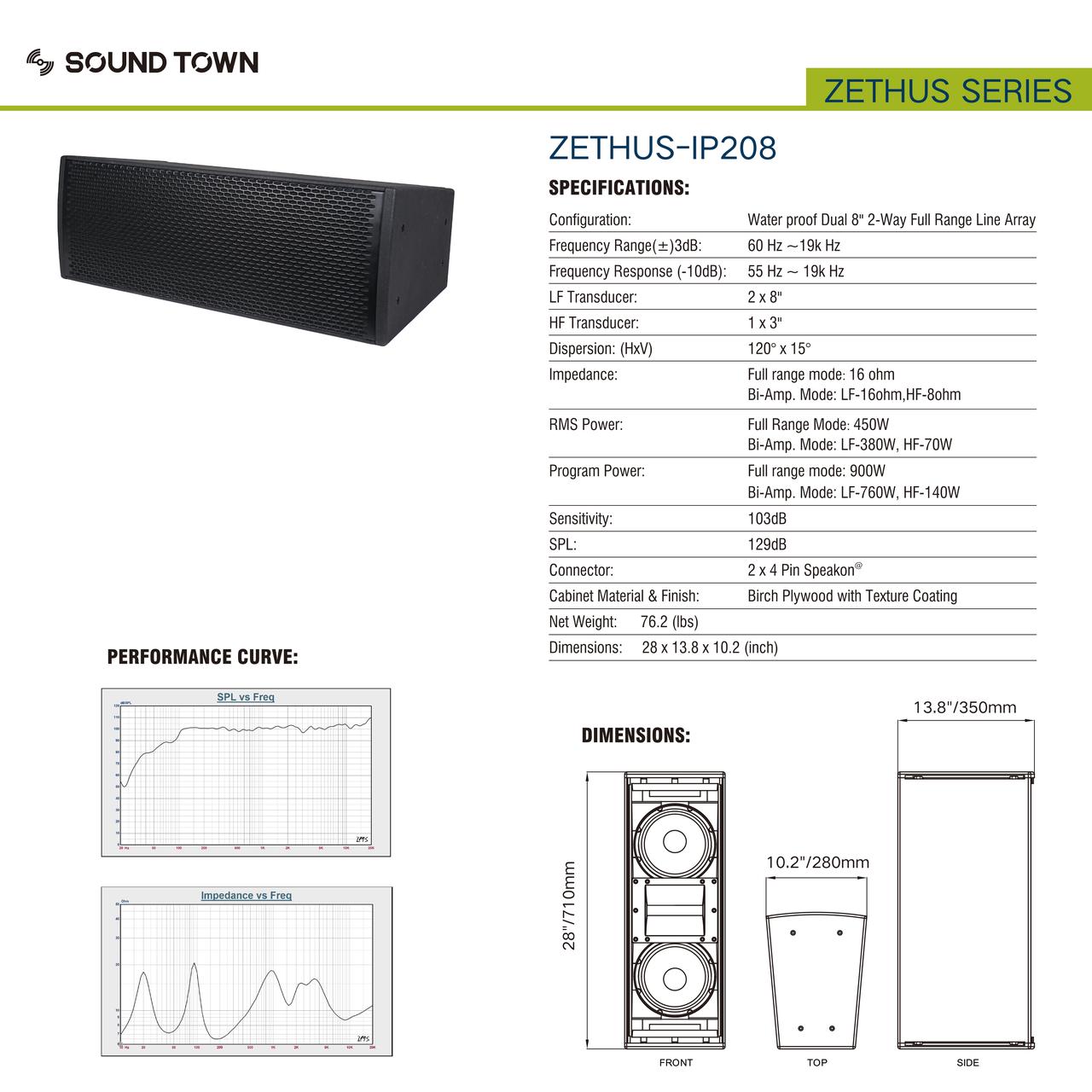 Sound Town All-Weather Line Array System with 15-inch Water-Resistant Line Array Subwoofer, Four Compact Dual 8-inch Line Array PA Speakers, Full Range/Bi-amp Switchable, Black (ZETHUS-IP115S208X4) - image 2 of 8
