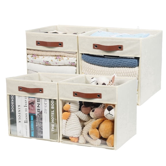 13x13x13 Storage Cube Bins with Clear Windows,Fabric Cube Organizer Bins, Closet Storage Bins for Cube Storage Blanket Home (Cream 4PCS)