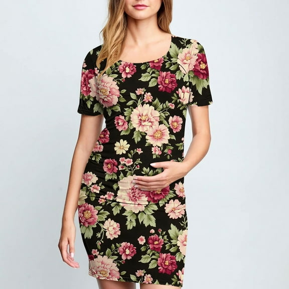 Delliss Women's Maternity Dress - Printed Fitted Stretch short Sleeve W/Ruched S-XL