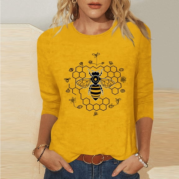 Xuyuer Women's Bee Print Loose Casual Round Neck 3/4 Sleeve T-Shirt Top - Relaxed Graphic Tee with Nature Motif for Everyday Wear