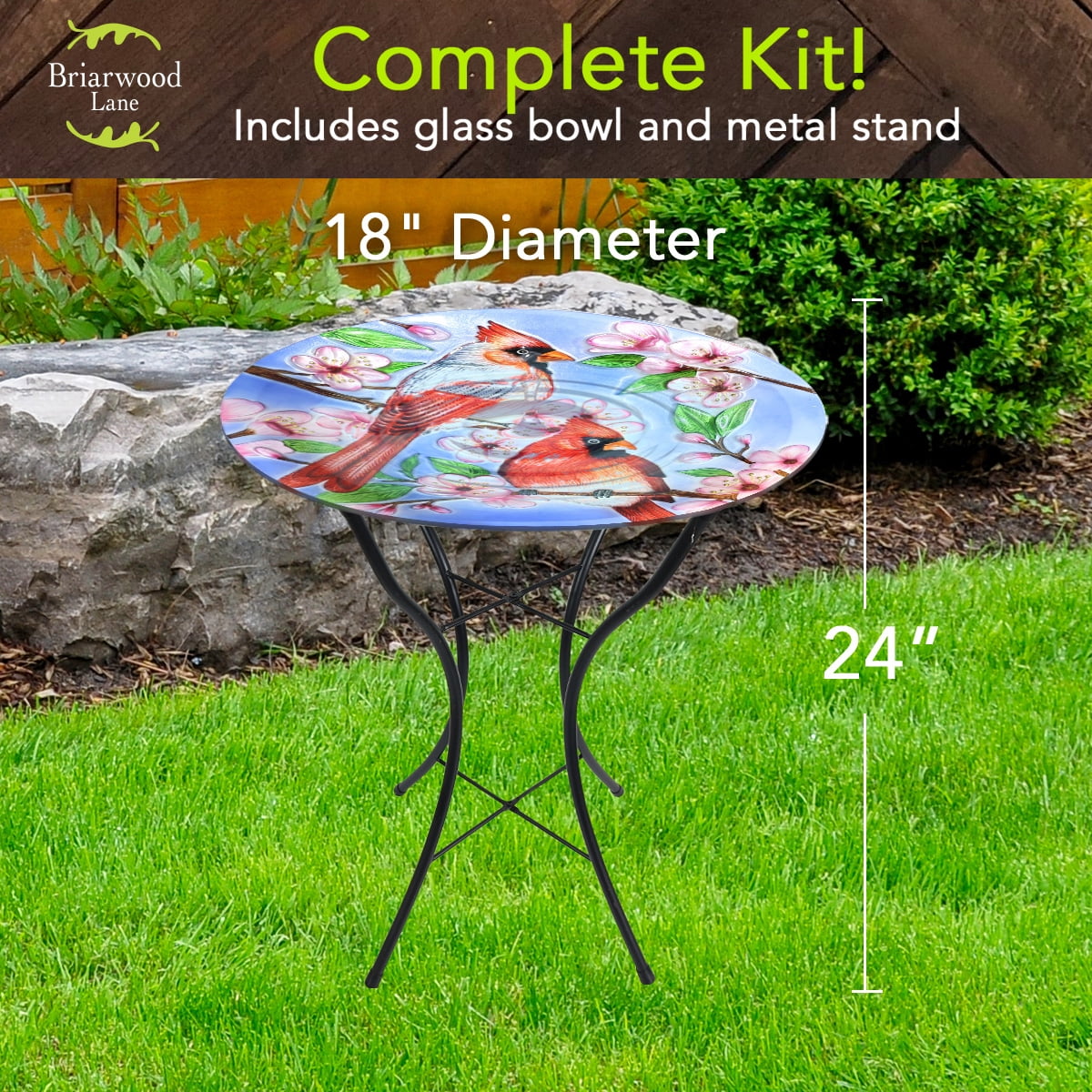 Briarwood Lane Spring Glass Birdbath Including Metal Stand Cherry Blossoms For Spring Birdbath