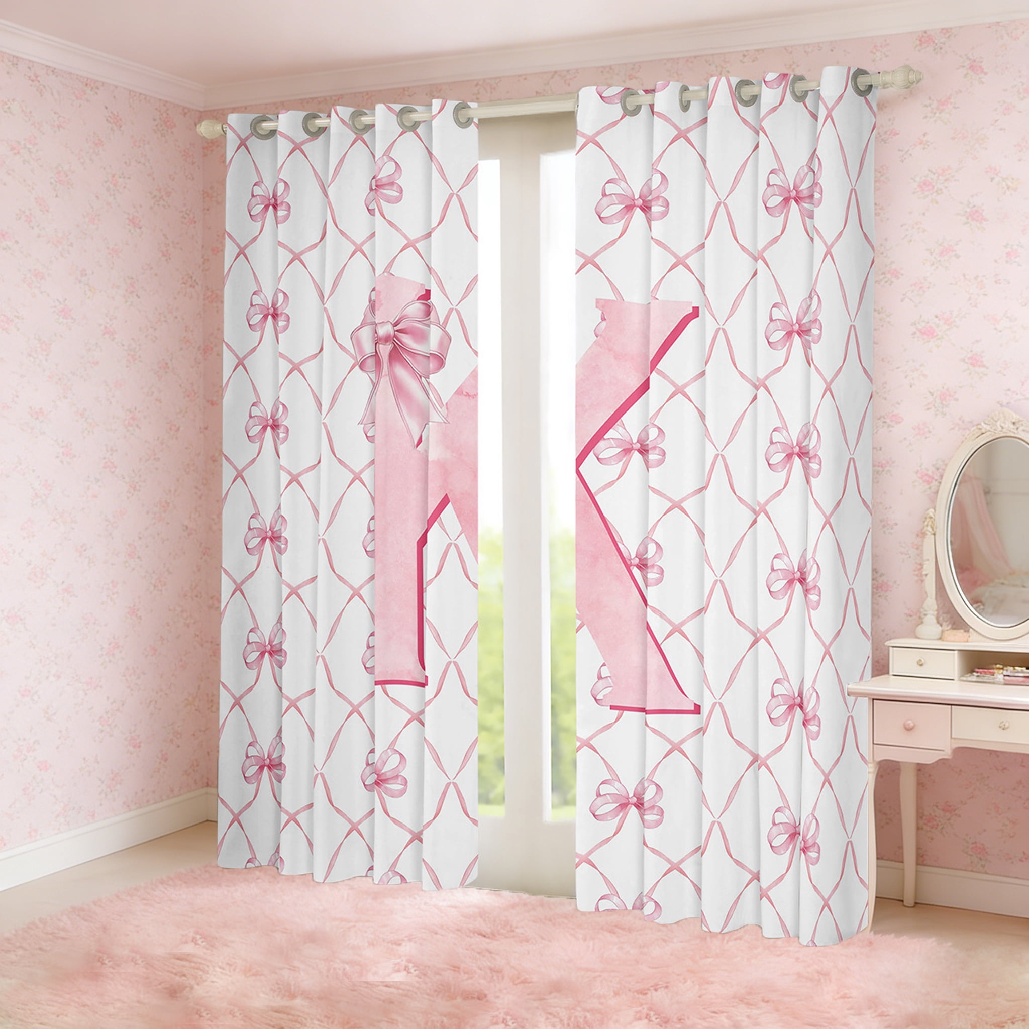 Manfei Personalized Gifts Curtains Pack of 2 (38x45),Latter K Black Out Curtains,Pink Kawaii Bow Curtains for Living Room,Lightweight Room Decoration