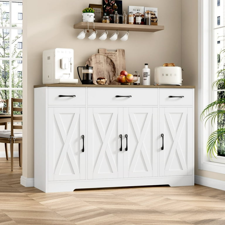 Homfa 55.1 W Farmhouse Kitchen Sideboard Coffee Bar Cabinet with 4 Doors and 3 Drawers Wooden Buffet Cabinet with Adjustable Shelves White Brown