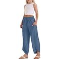thumbnail image 6 of ZLBDYG Girls Pants Linen Summer Casual Capri Pant Drawstring Elastic High Waist Loung𝐞 Wide Leg Cropped Gauze Trouser with Pockets, 6 of 8