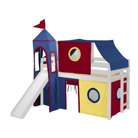 JACKPOT! Castle Low Loft Bed with Slide Red & Blue Tent and Tower Loft Bed Twin White